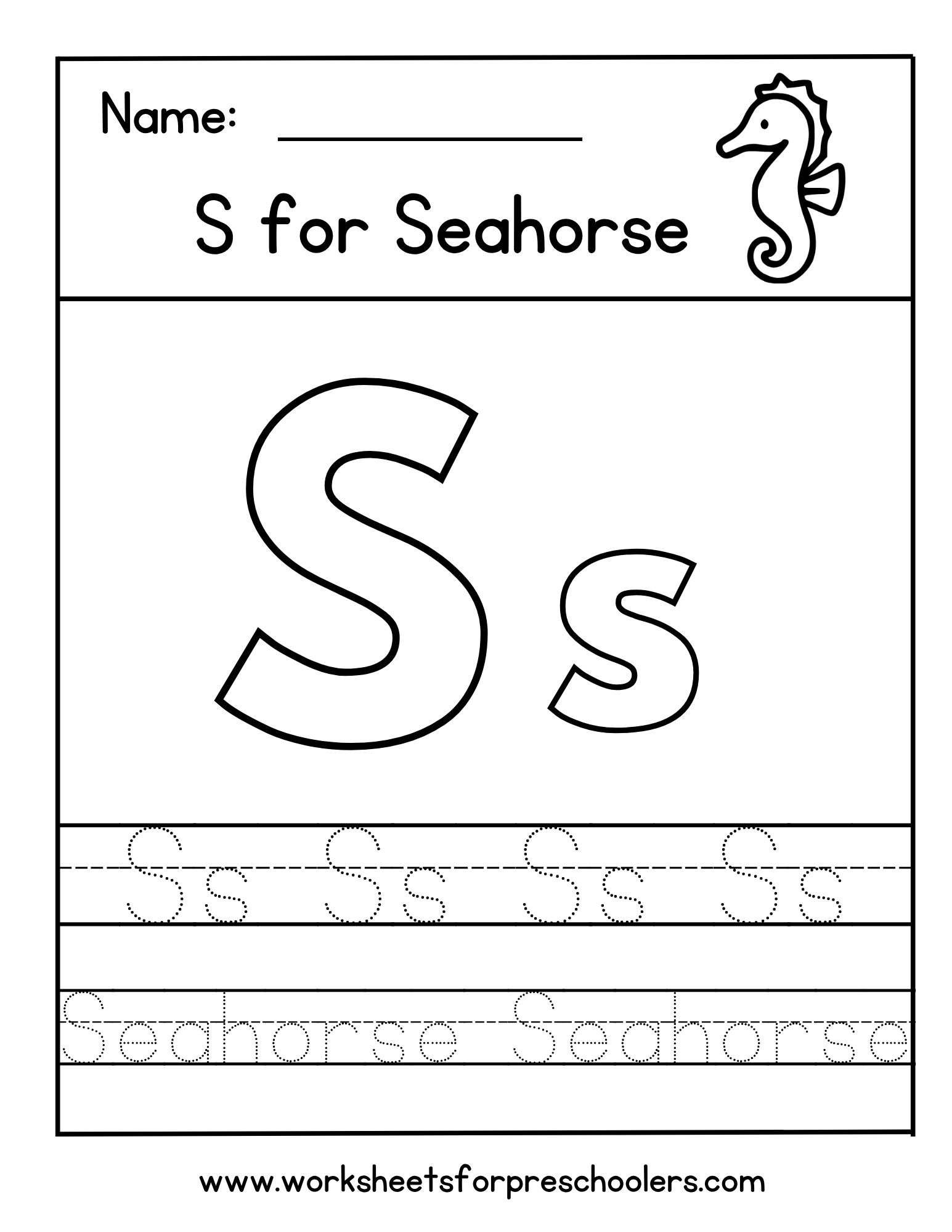 Letter S for Seahorse Worksheet. Letter S for Seahorse Worksheet.