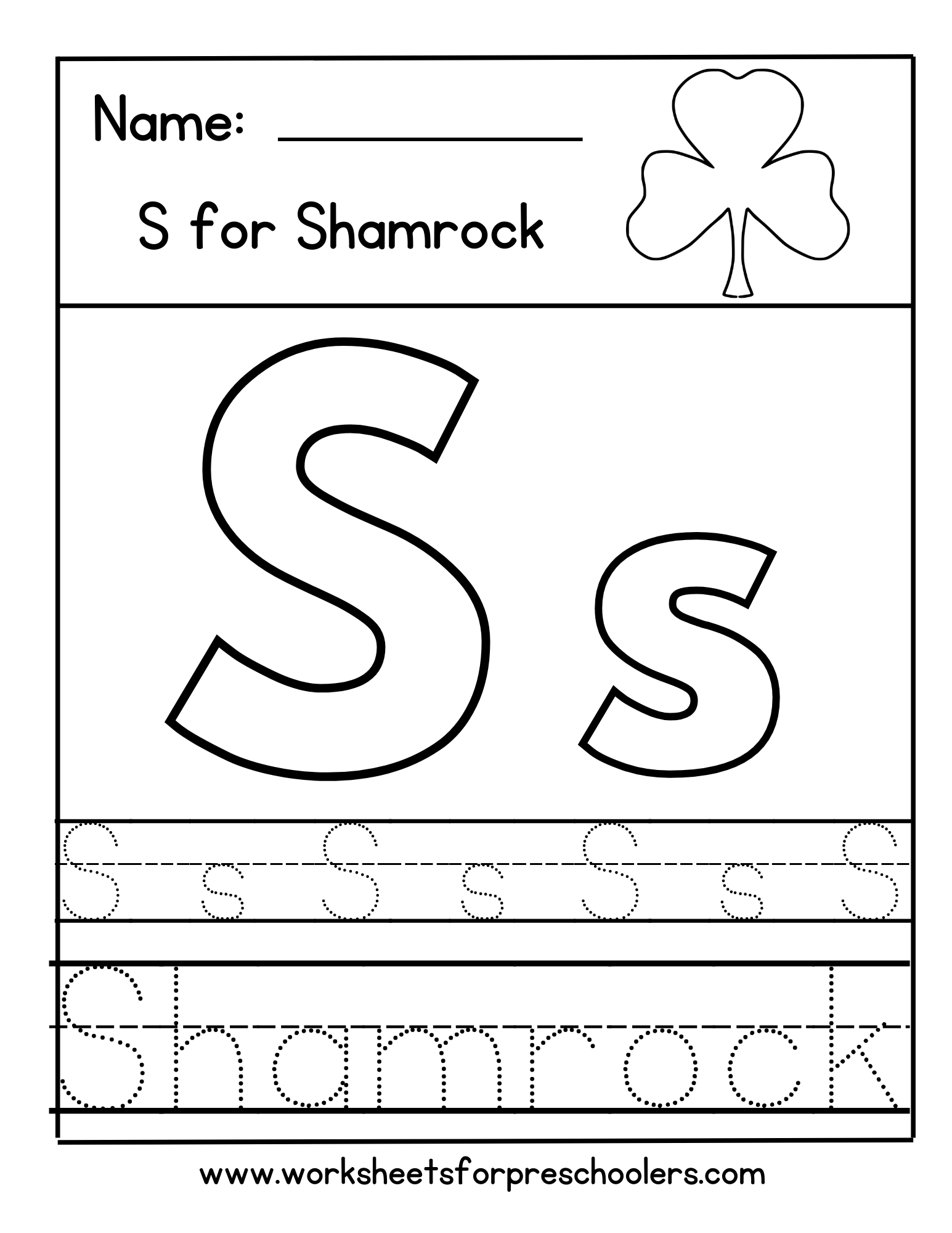Letter S for Shamrock Tracing Worksheet 