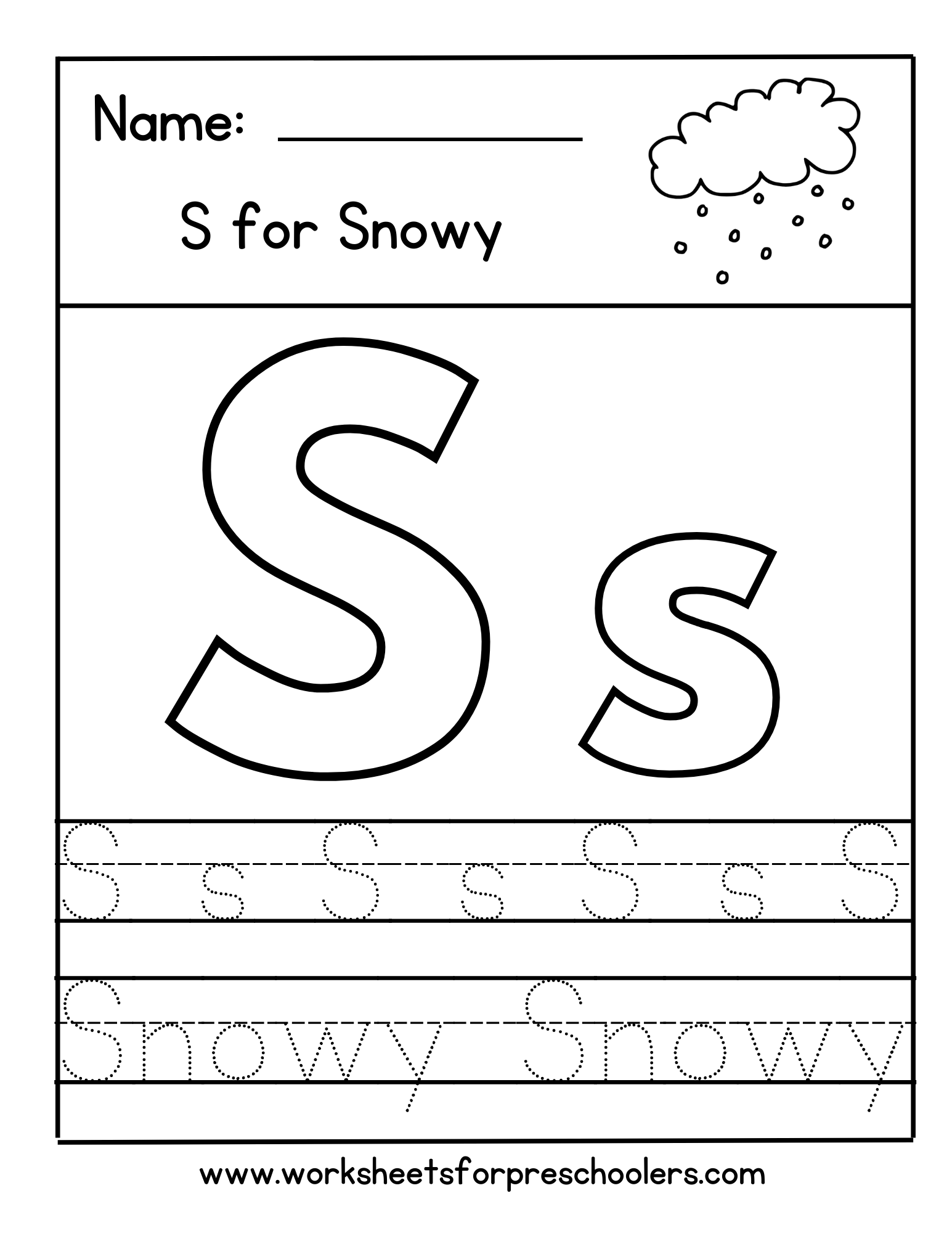 S for Snowy Letter Tracing Worksheet  S for Snowy Letter Tracing Worksheet