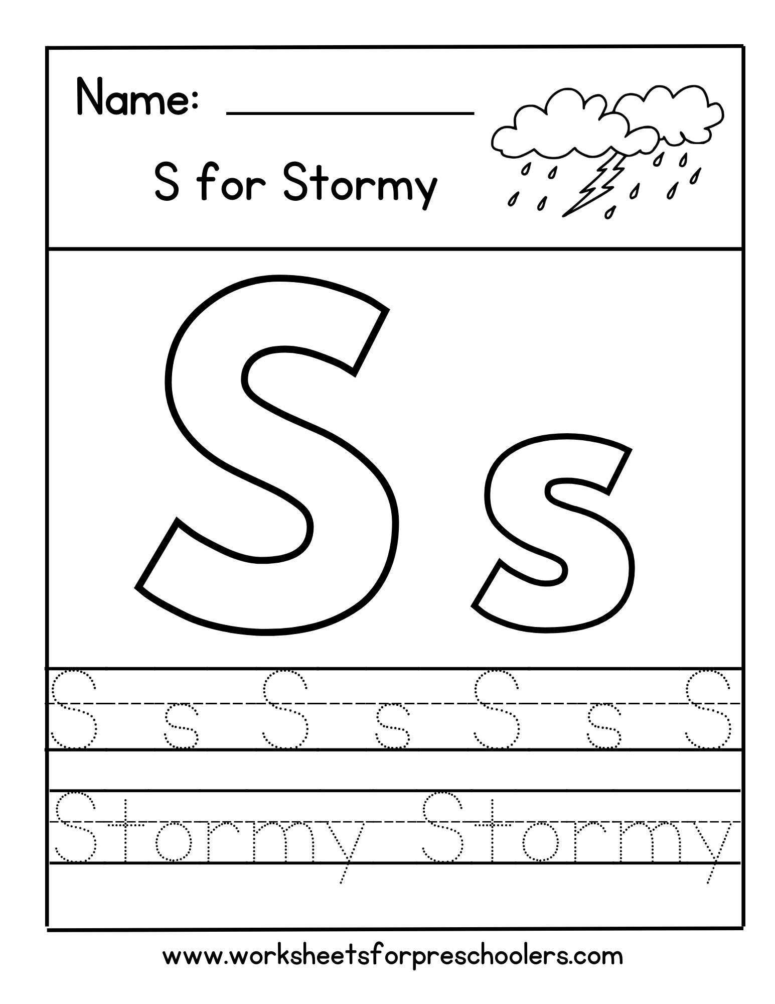 S for Stormy Letter Tracing Worksheet S for Stormy Letter Tracing Worksheet