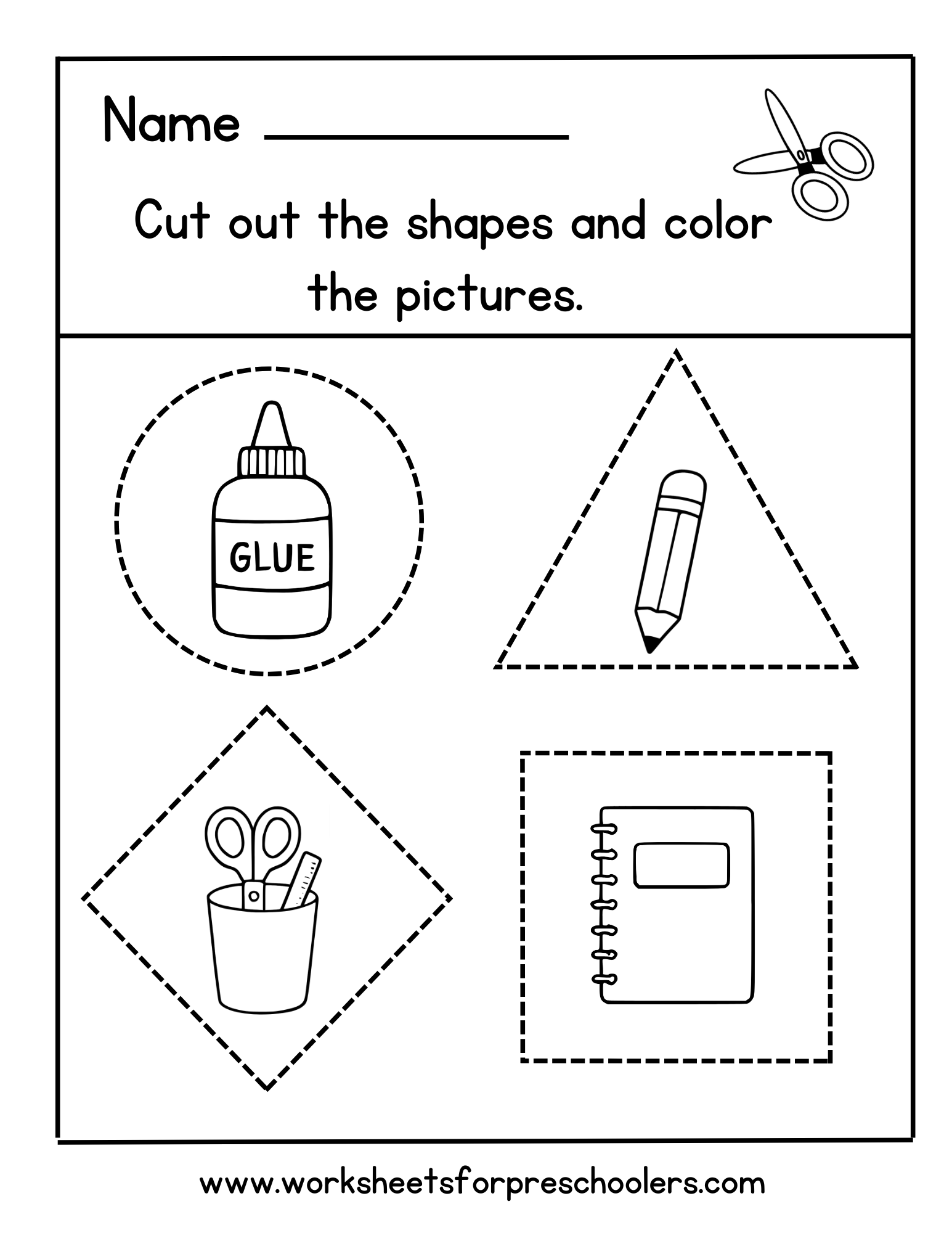 Cut and Color Shapes – School Supplies Preschool Worksheet Cut and Color Shapes – School Supplies Preschool Worksheet