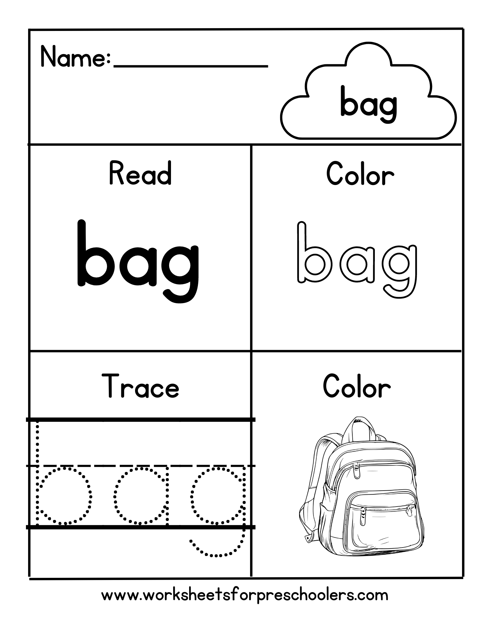 Preschool Color Trace Sight Word Bag Worksheet