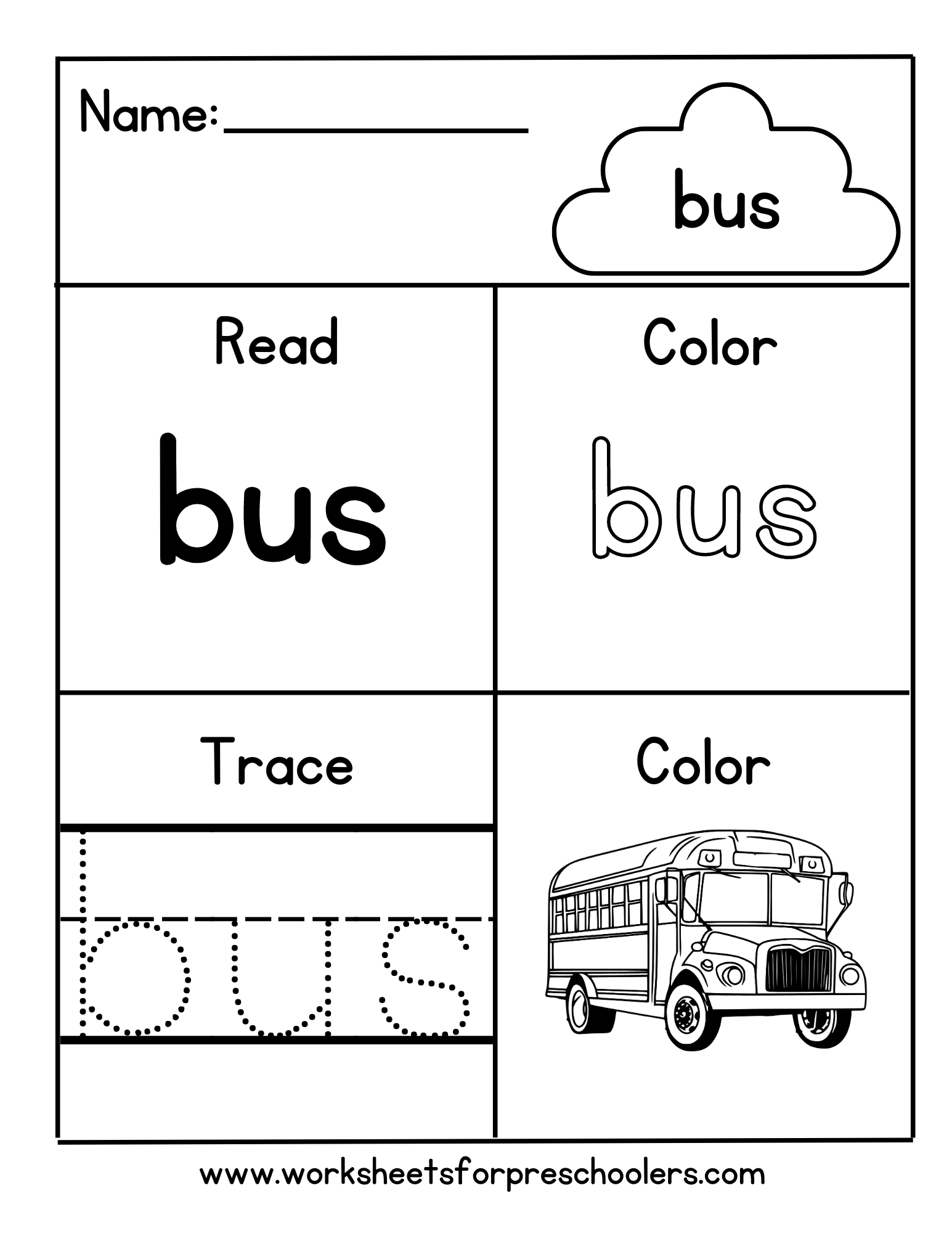 Preschool Color Trace Sight Word Bus Worksheet