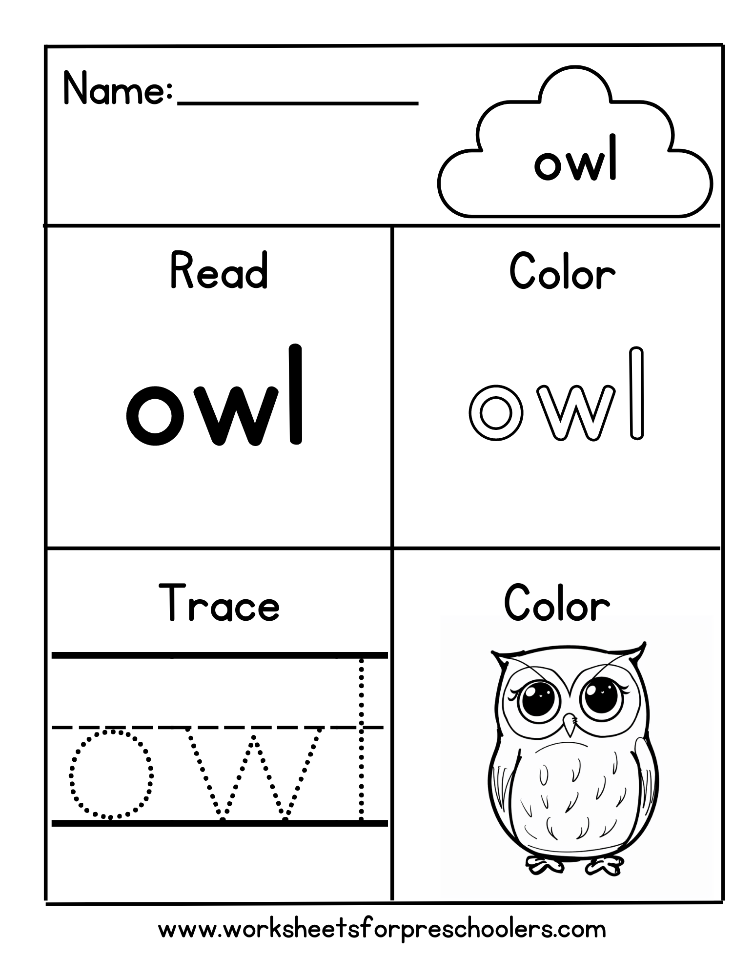 Preschool Color Trace Sight Word Owl Worksheet