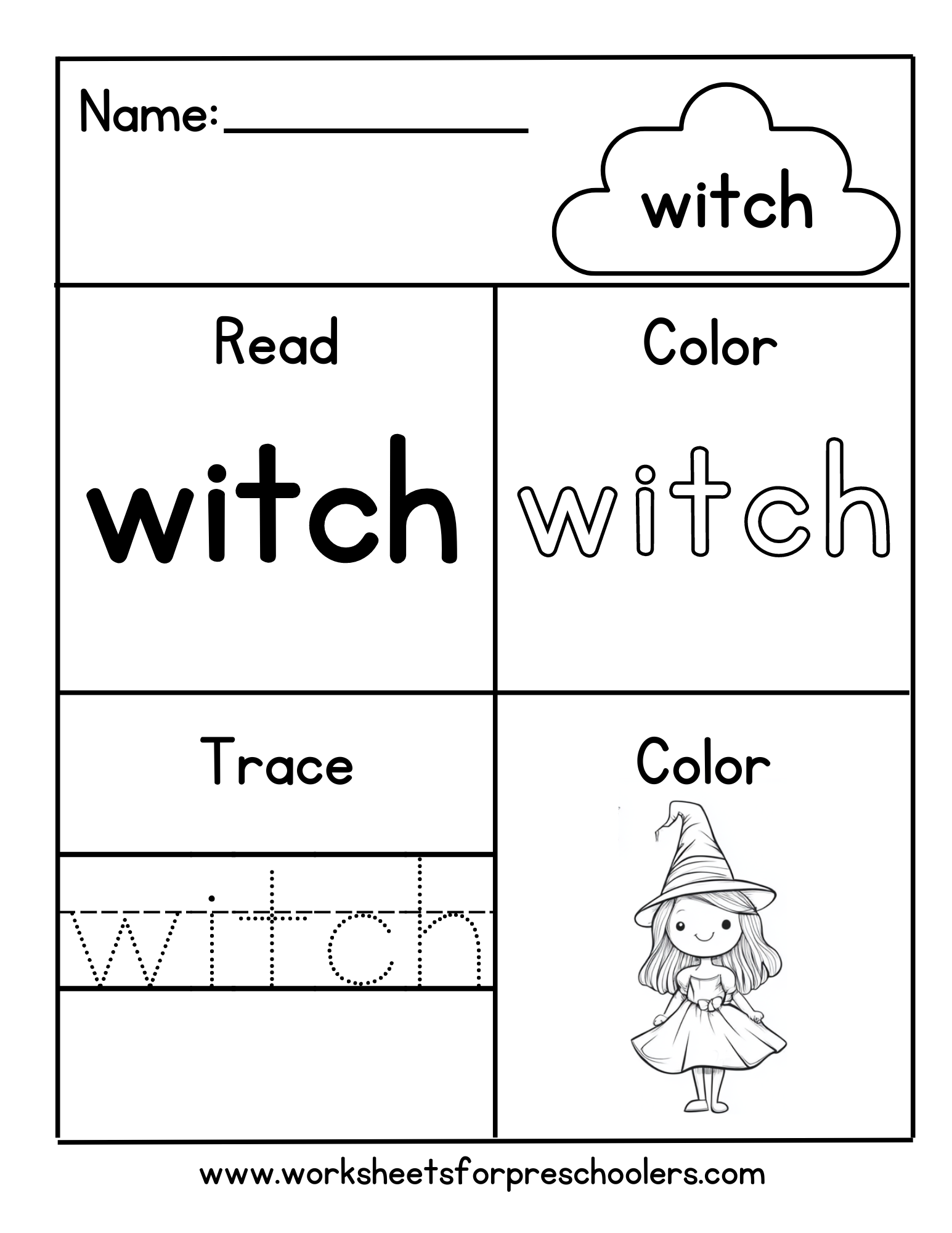  Color Trace Sight Word Witch Worksheet