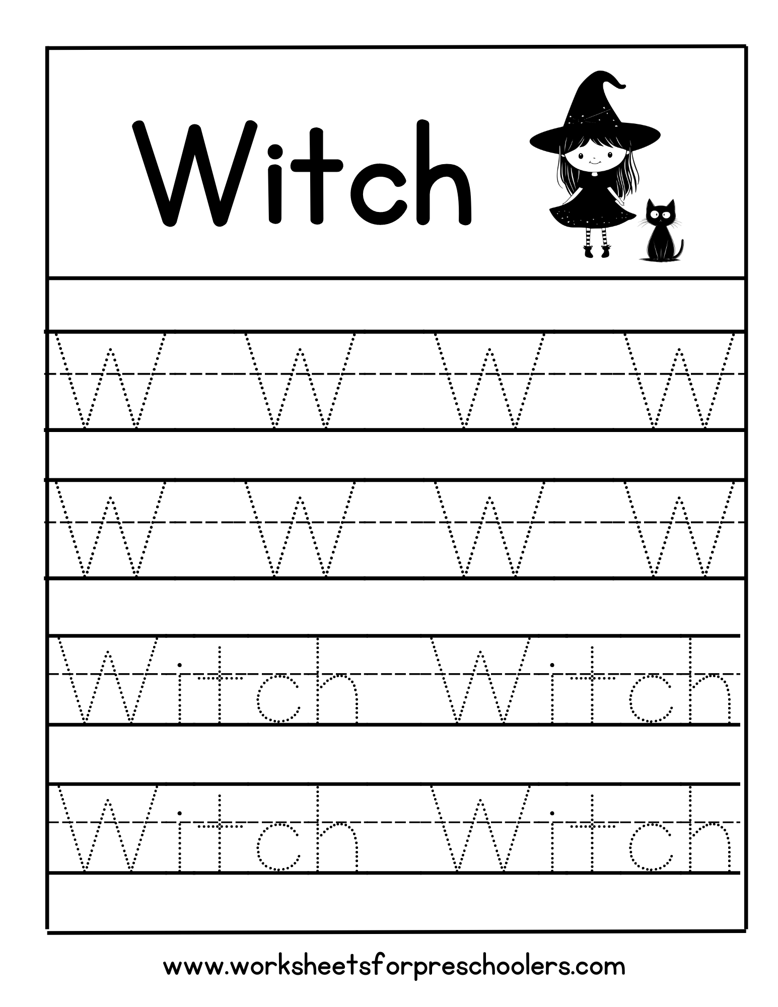 W for Witch Letter Tracing Worksheet 