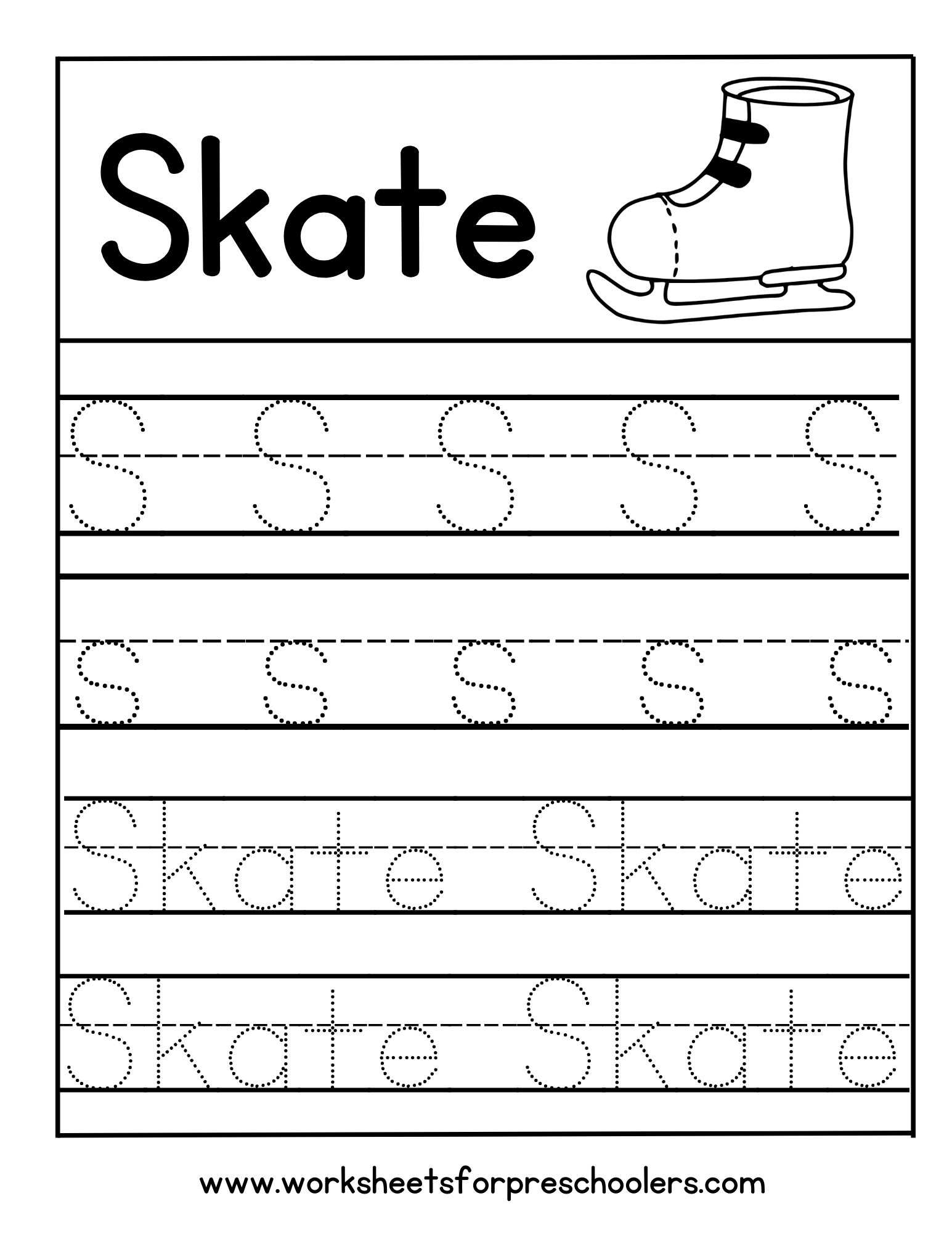 Letter S for Skate Tracing Worksheet