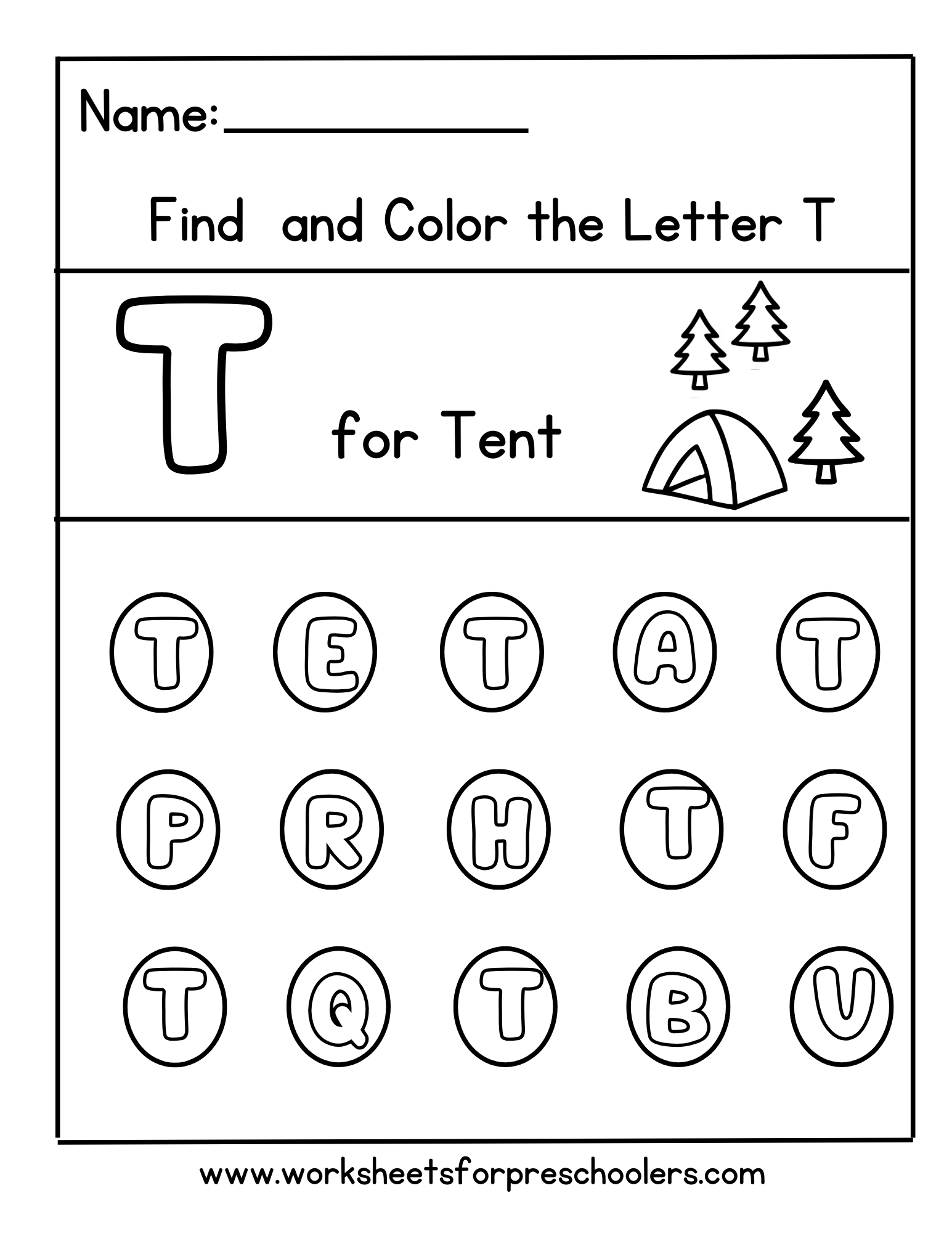 Letter T for Tent Worksheet