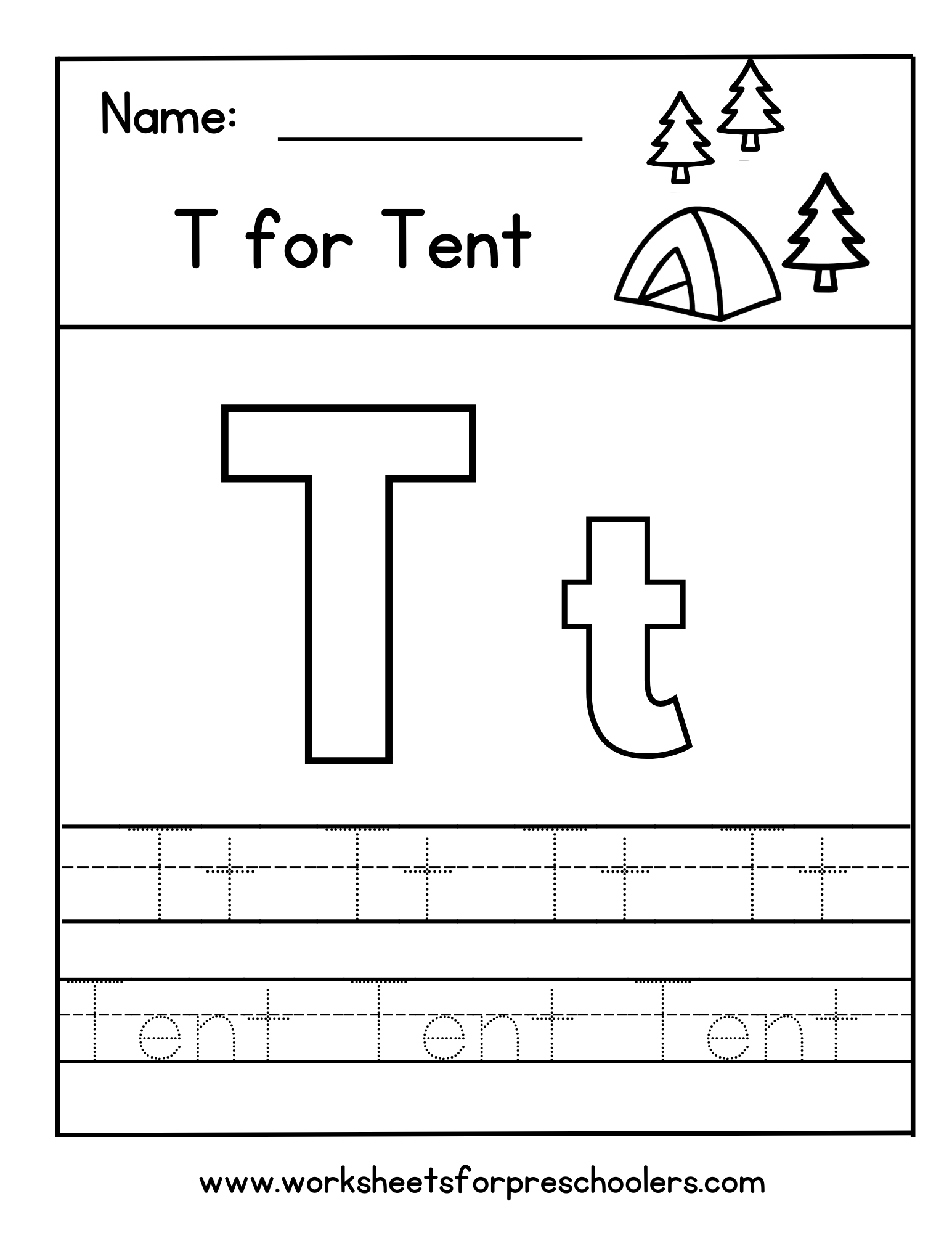 T for Tent Letter Tracing Worksheet