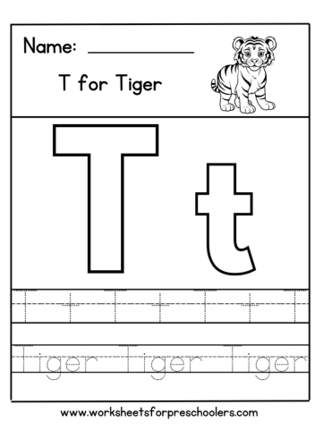T for Tiger Letter Tracing Worksheet 