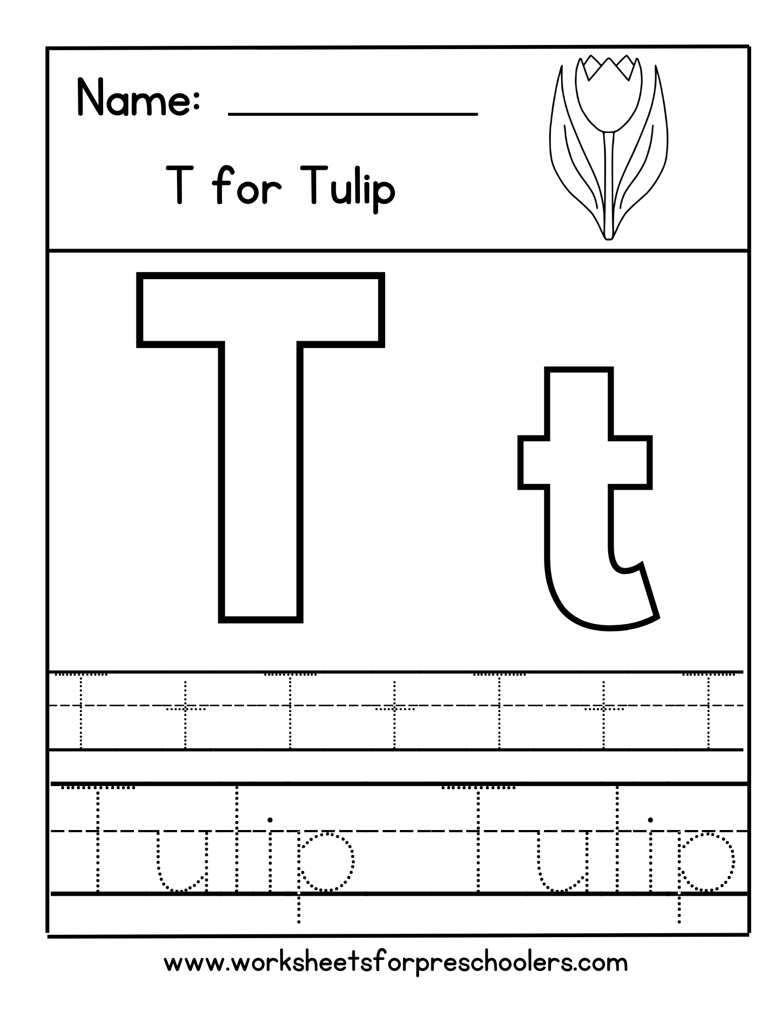 Letter T for Tulip Tracing Worksheet Letter T for Tulip Tracing Worksheet