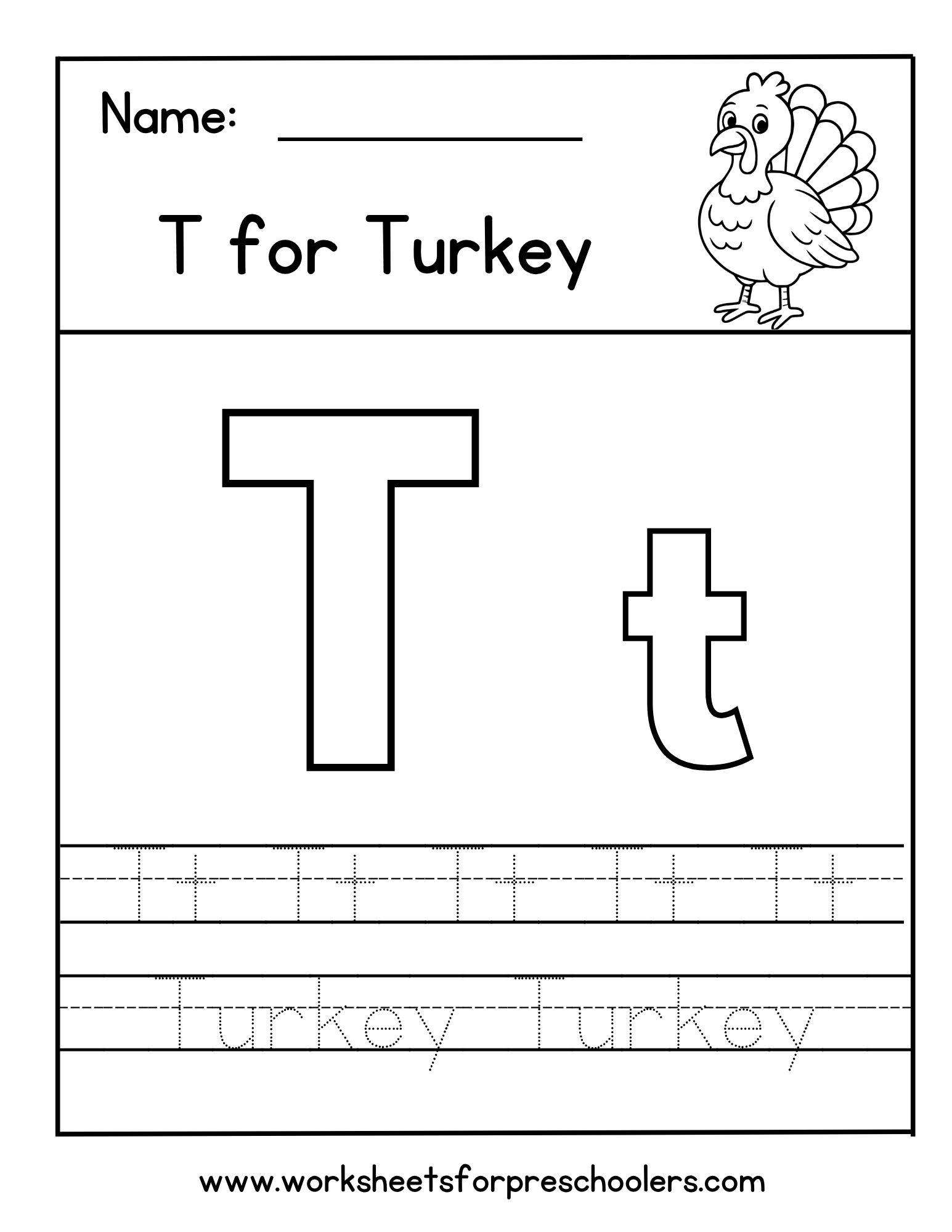 T for Turkey Letter Tracing Worksheet   T for Turkey Letter Tracing Worksheet