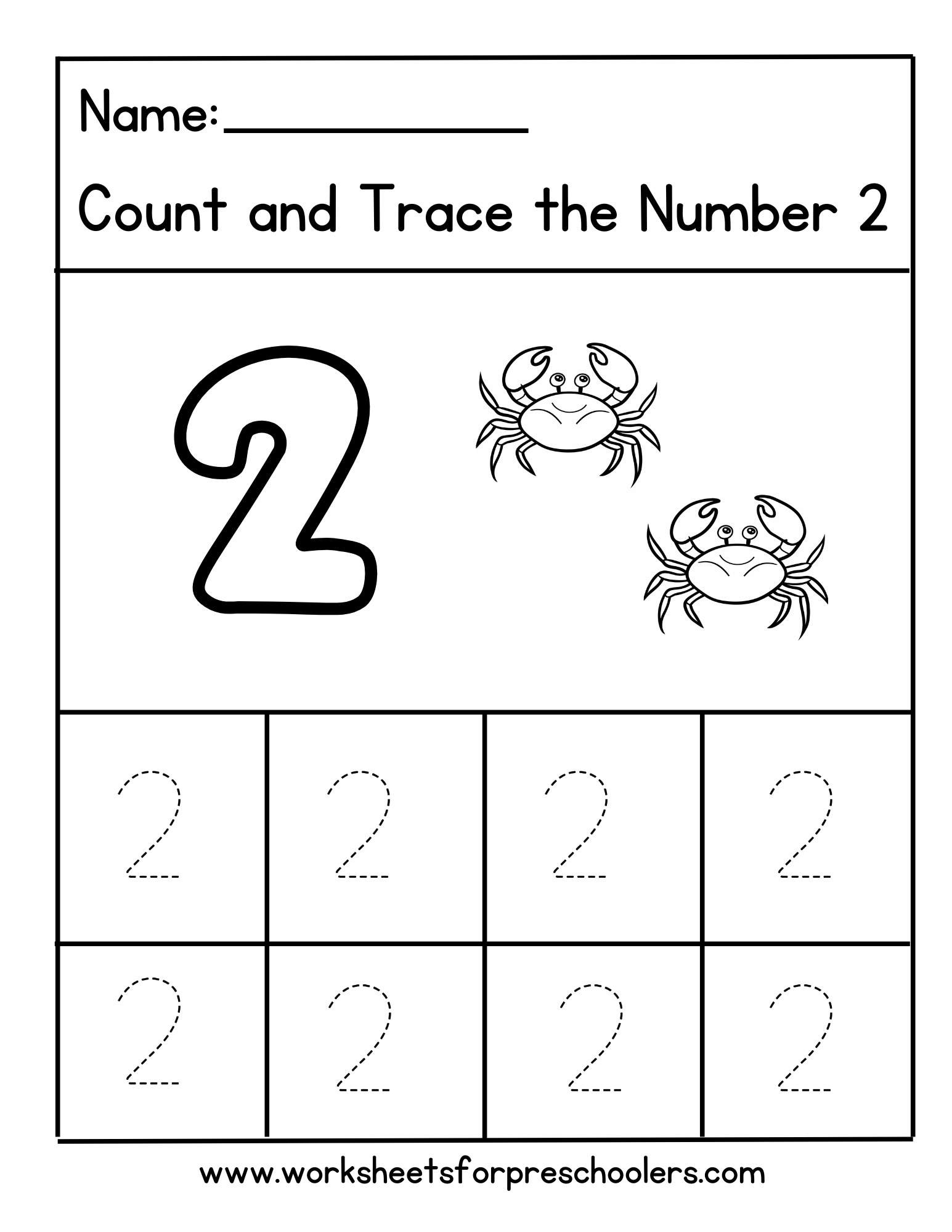 Trace Number 2 Crabs Preschool Worksheet