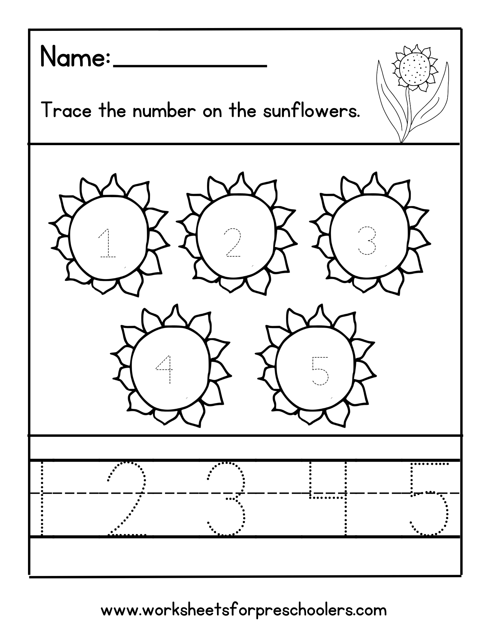 Sunflower Tracing Numbers 1 to 5 Worksheet