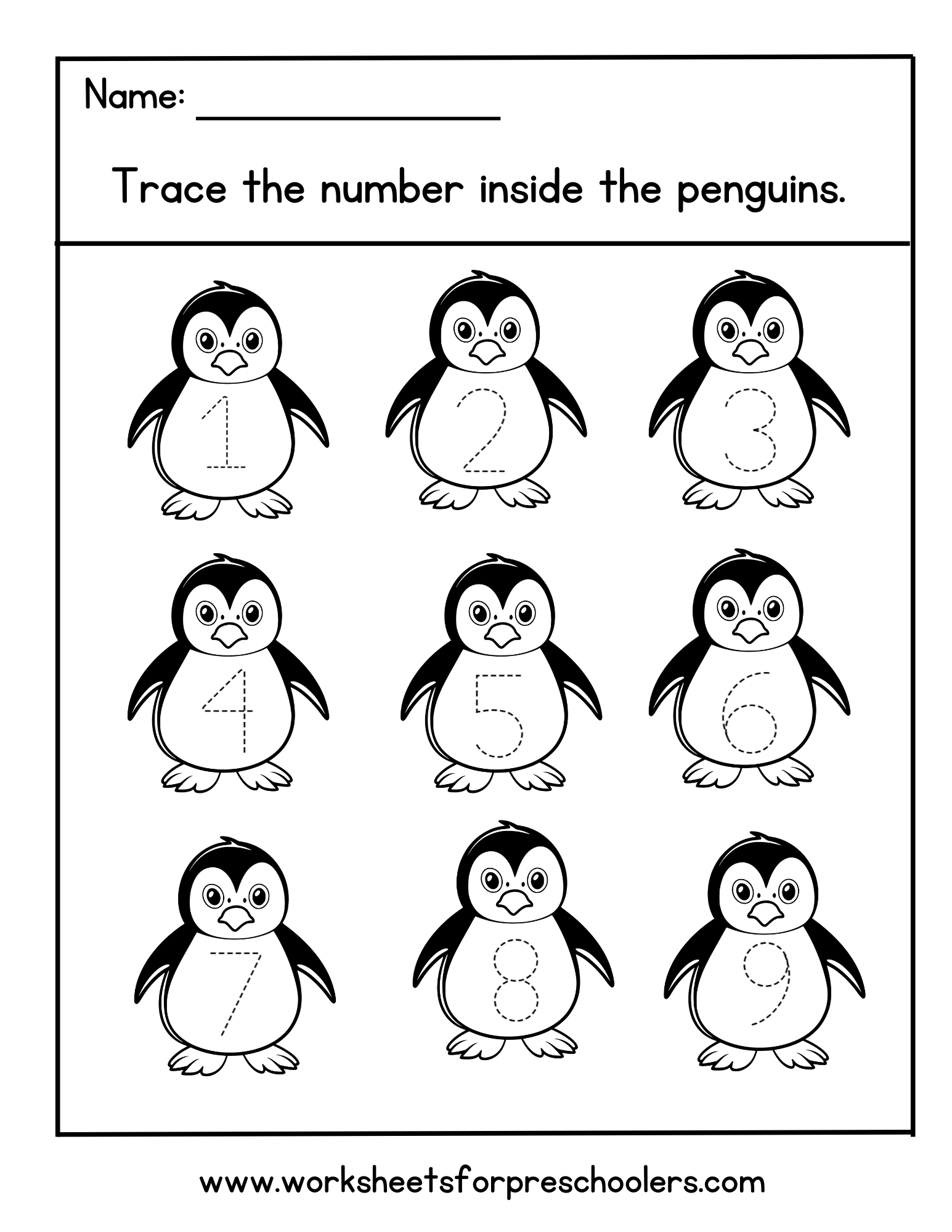 Penguin Math Tracing Number Worksheet