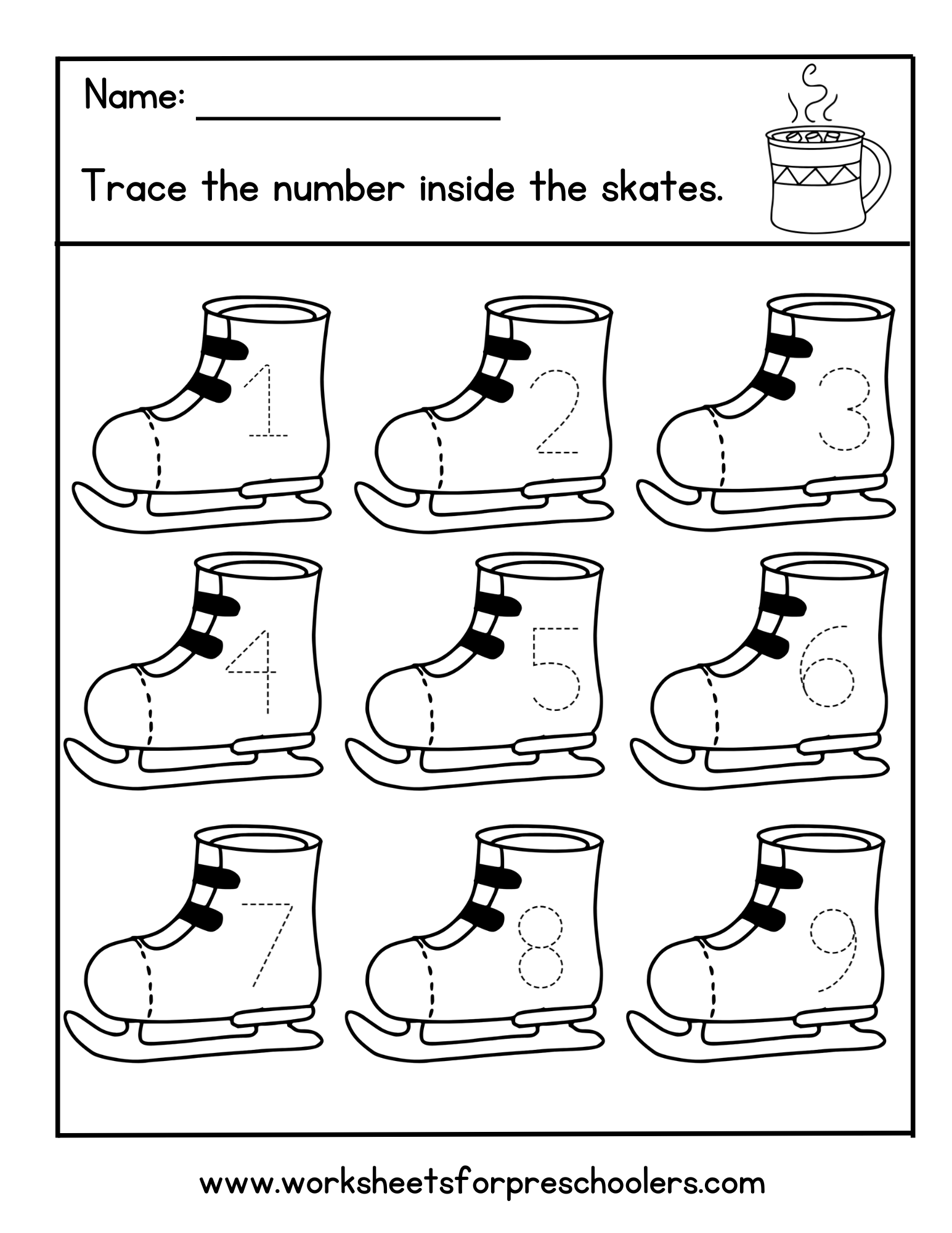 Winter Skates Tracing Numbers Worksheet