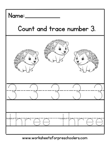Hedgehog Number 3 Math Worksheet