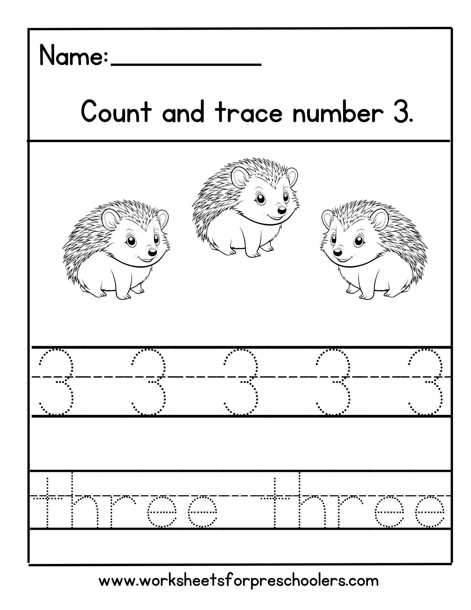 Hedgehog Number 3 Math Worksheet