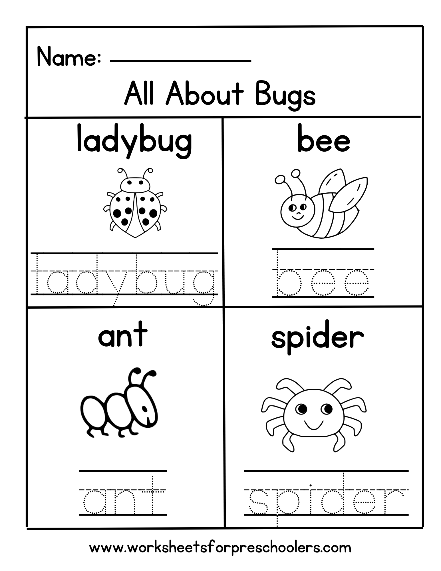 Tracing Bug Words Worksheet