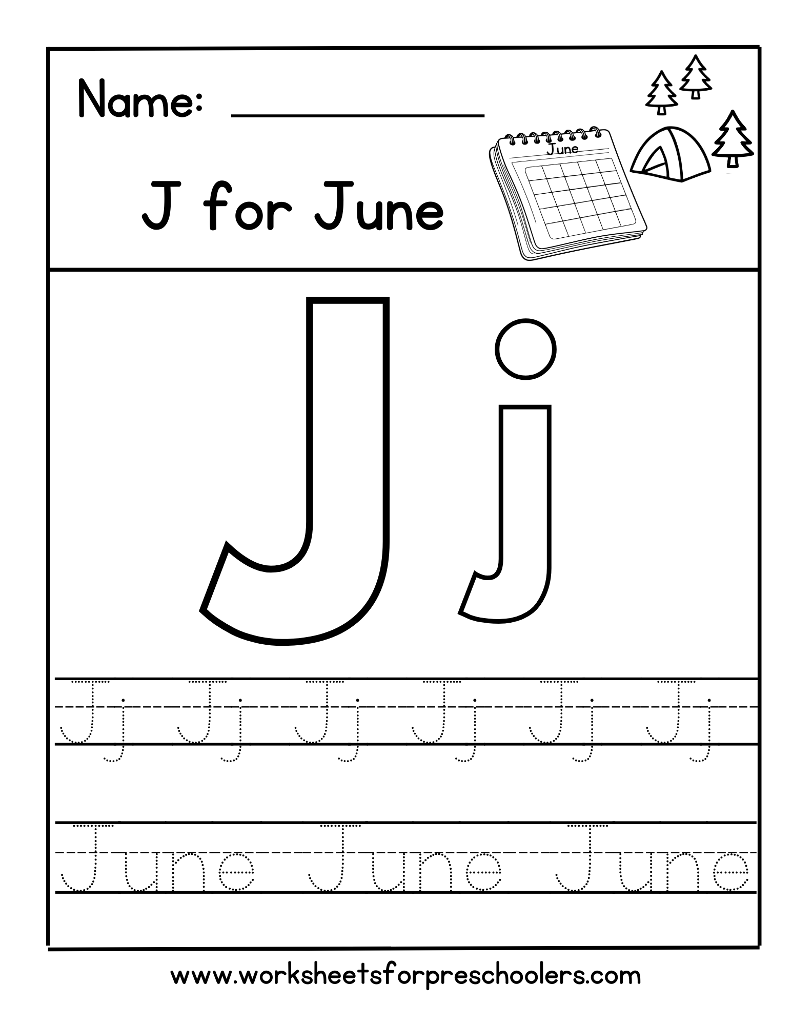 J for June Tracing Worksheet