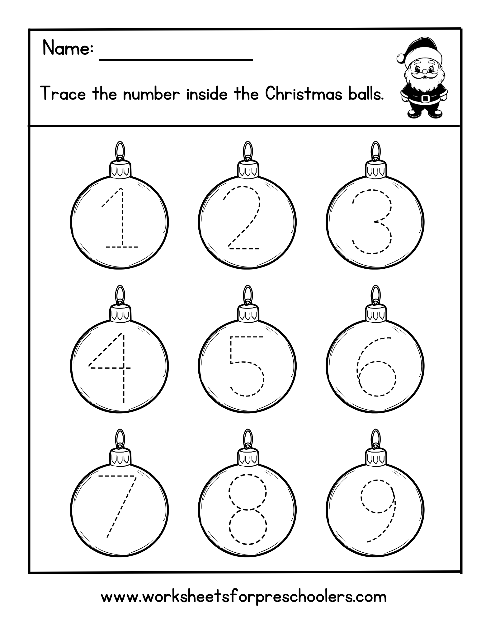Tracing numbers 1 to 5 with tree ornaments.