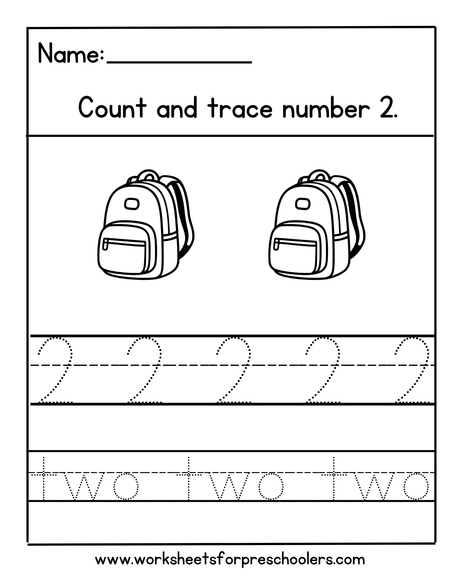 number 2 preschool tracing worksheet backpacks number 2 preschool tracing worksheet backpacks