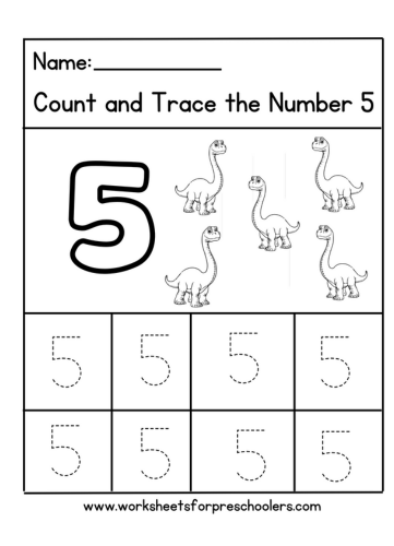 Count and Trace Number 5 , A fun math activity for preschoolers learning to count from 1 to 5..