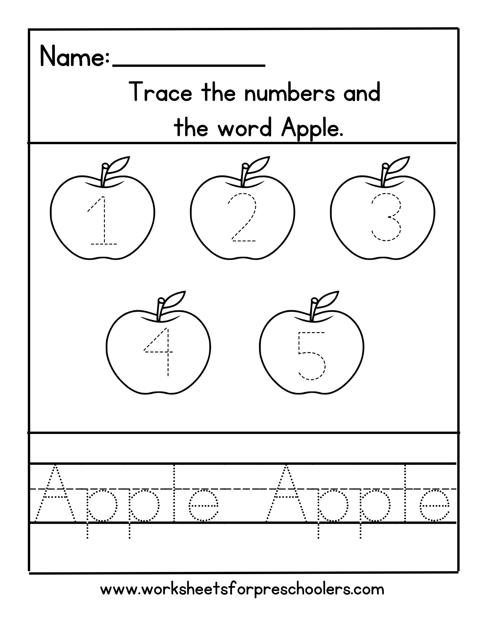 Apple Theme Tracing Numbers Worksheet Preschool