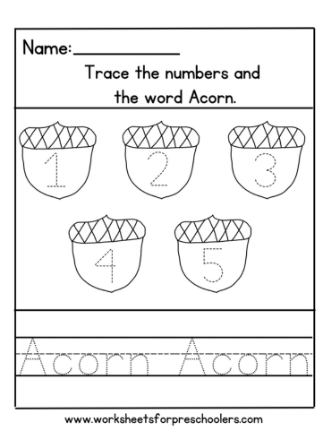 Fall Season Theme Tracing Numbers Worksheet Acorns