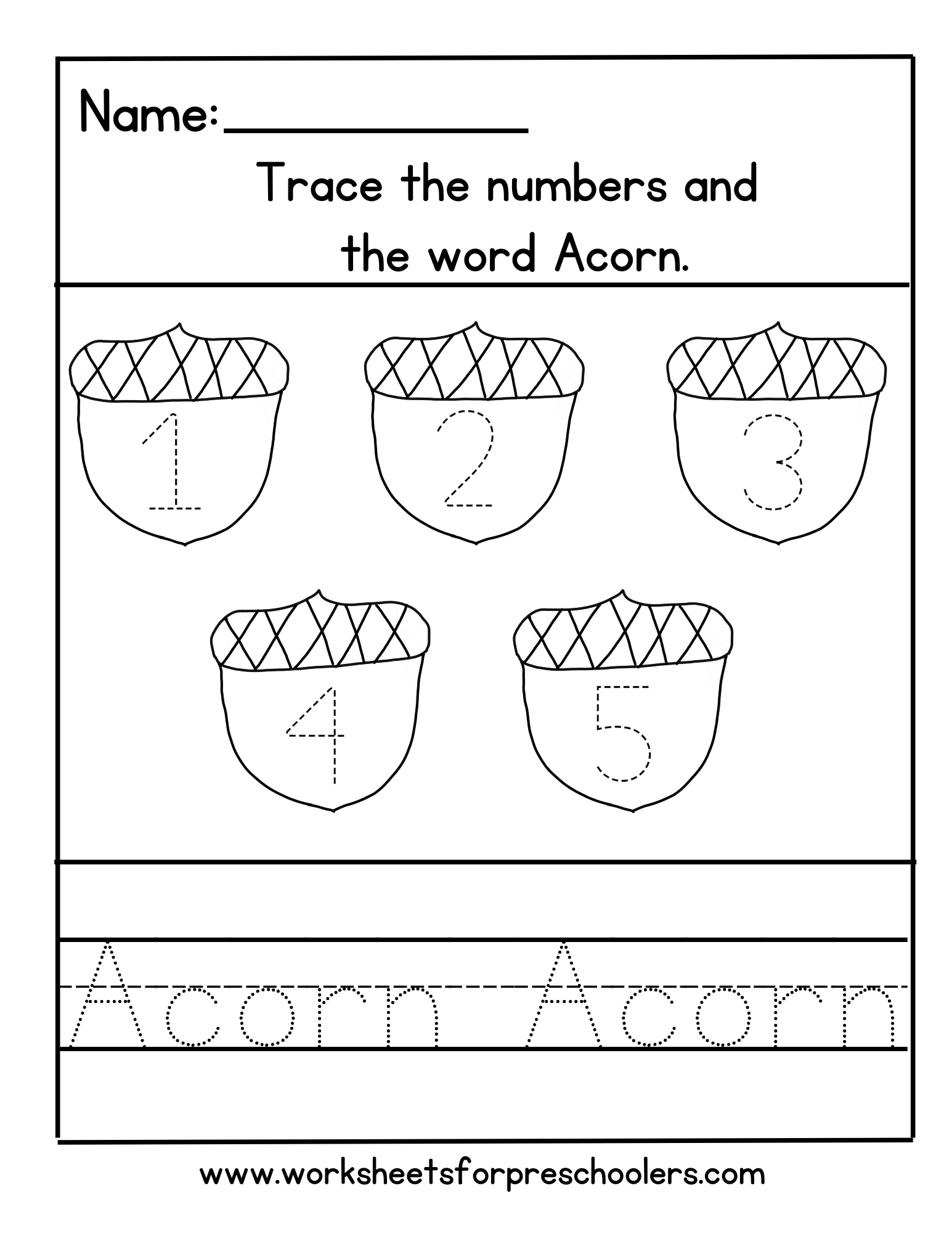Fall Season Theme Tracing Numbers Worksheet Acorns