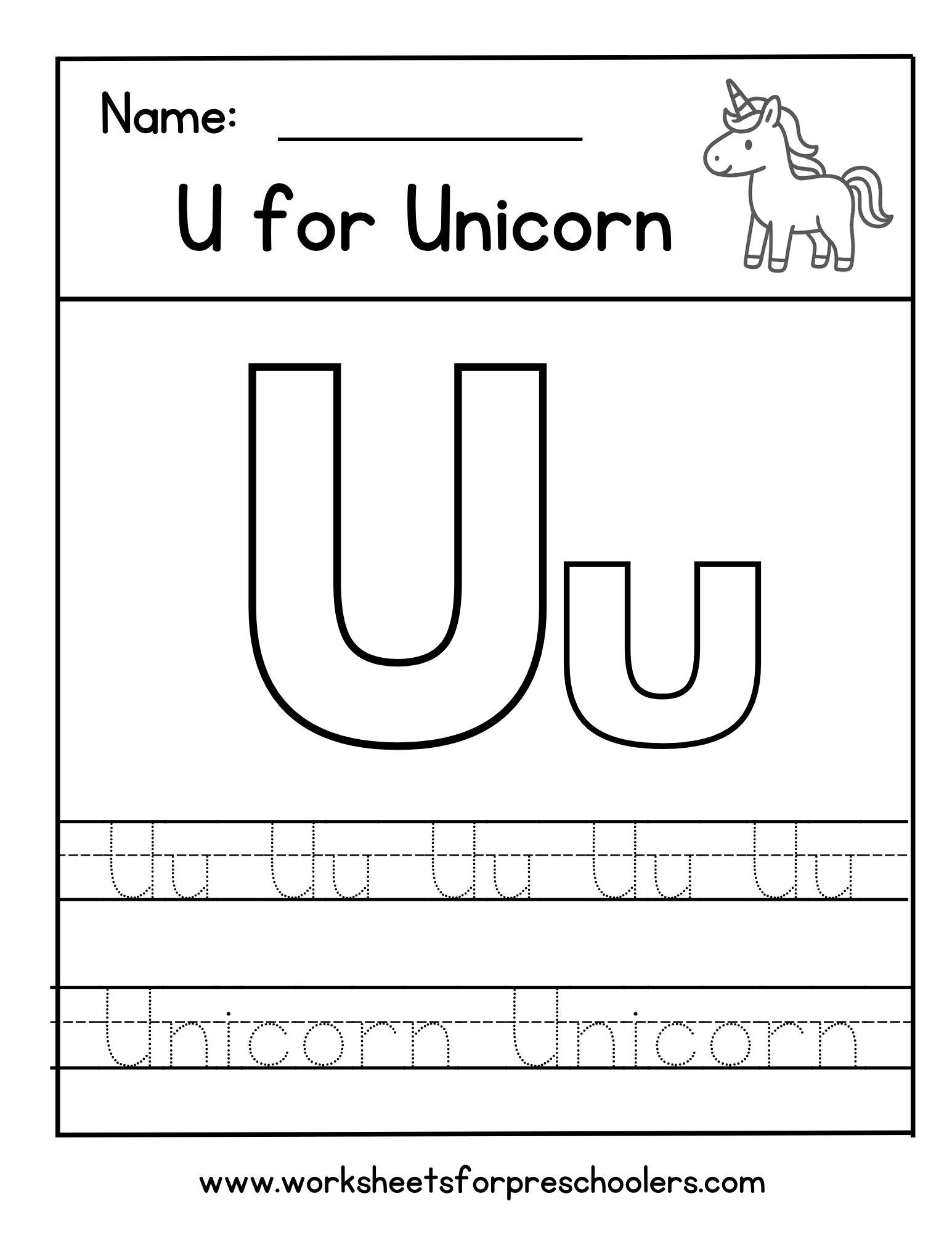 Unicorn Letter Tracing Worksheet