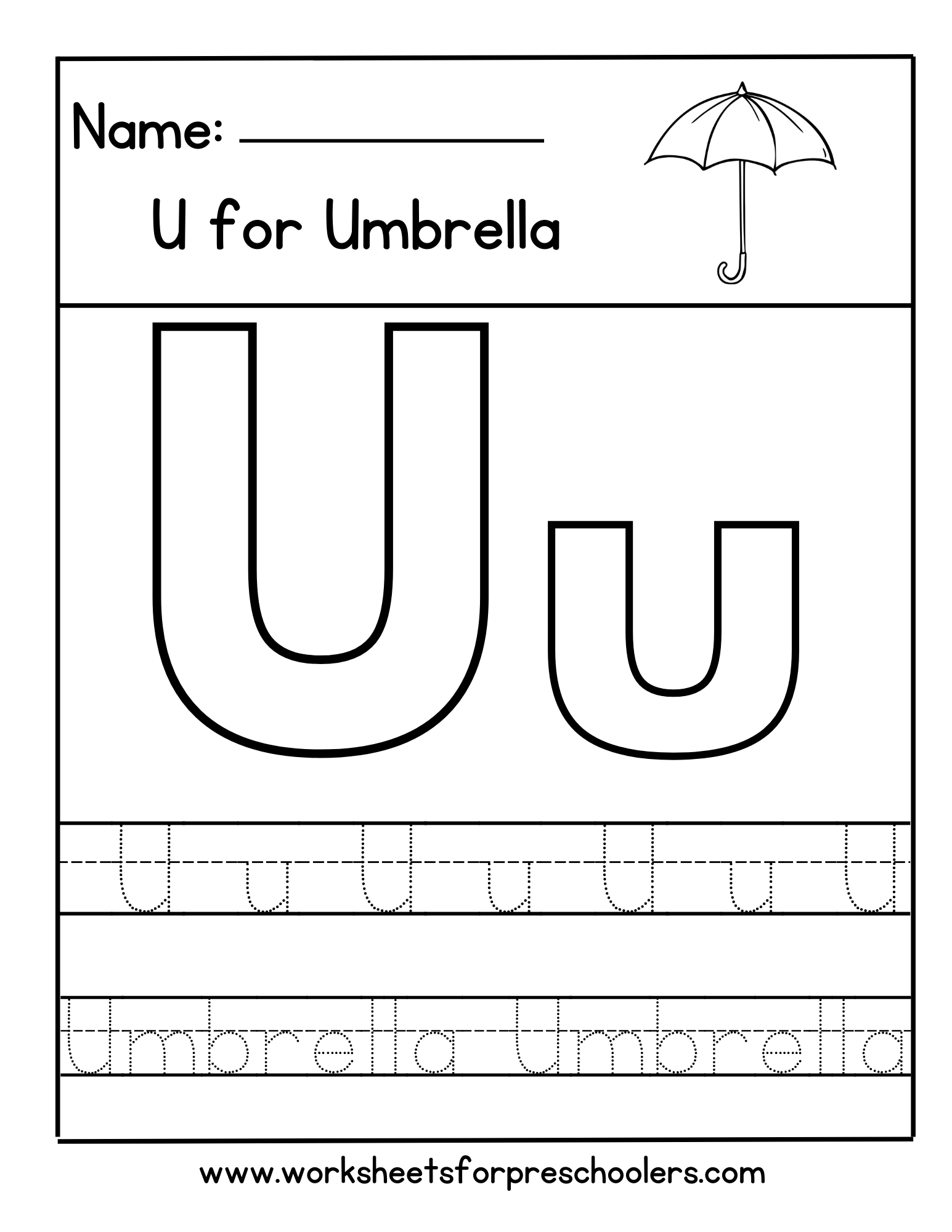 U for Umbrella Tracing Worksheet