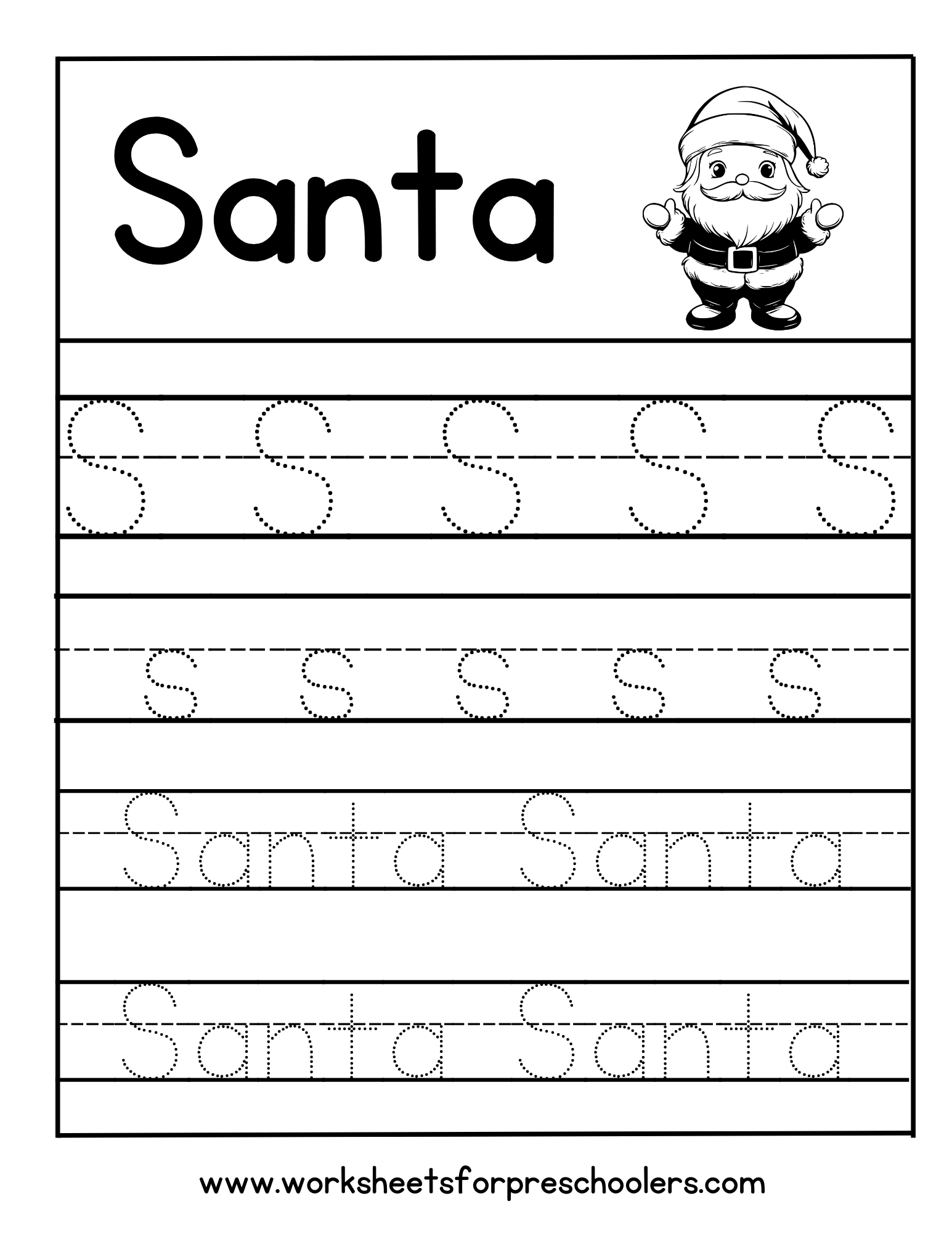 Letter S for Santa Tracing Worksheet Preschool