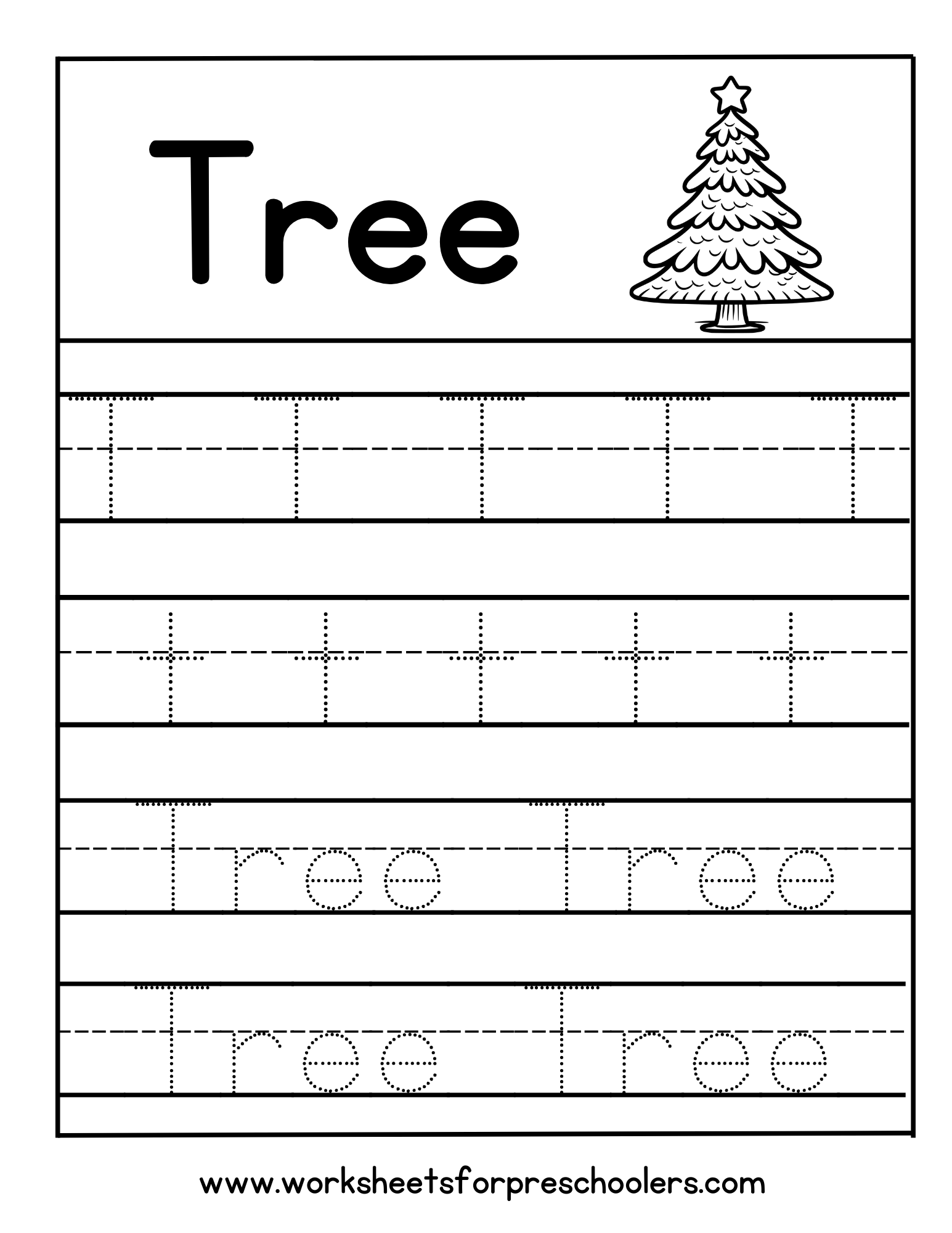 Letter T for Tree Tracing Worksheet Preschool