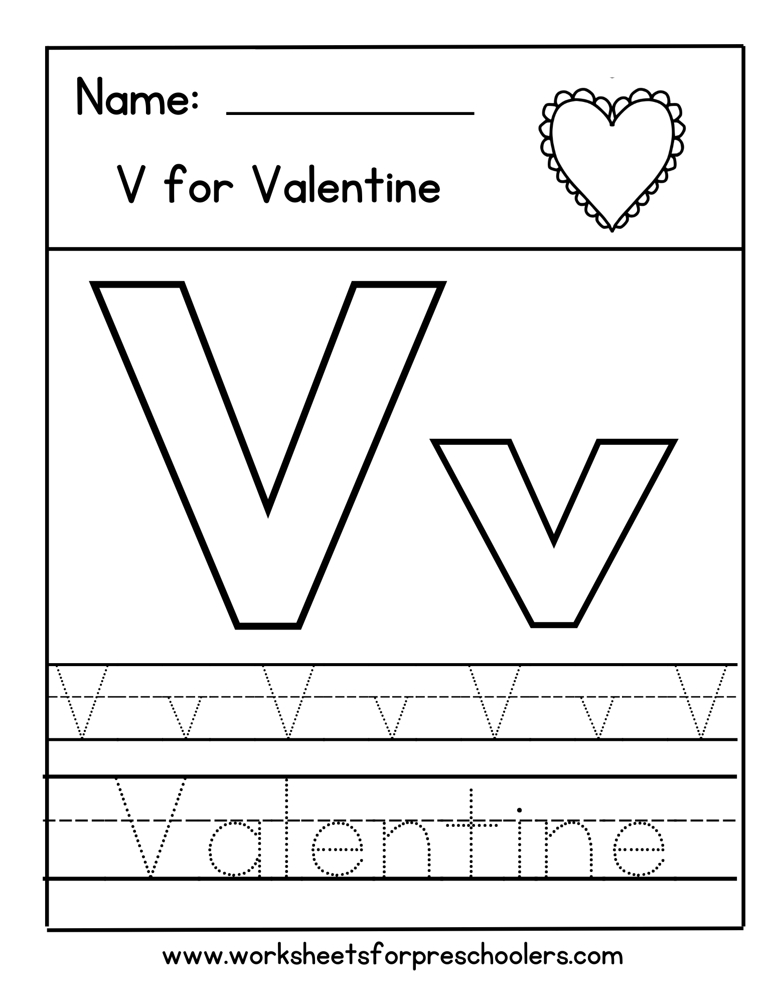 Letter V for ValentineTracing Sheet Letter V for ValentineTracing Sheet