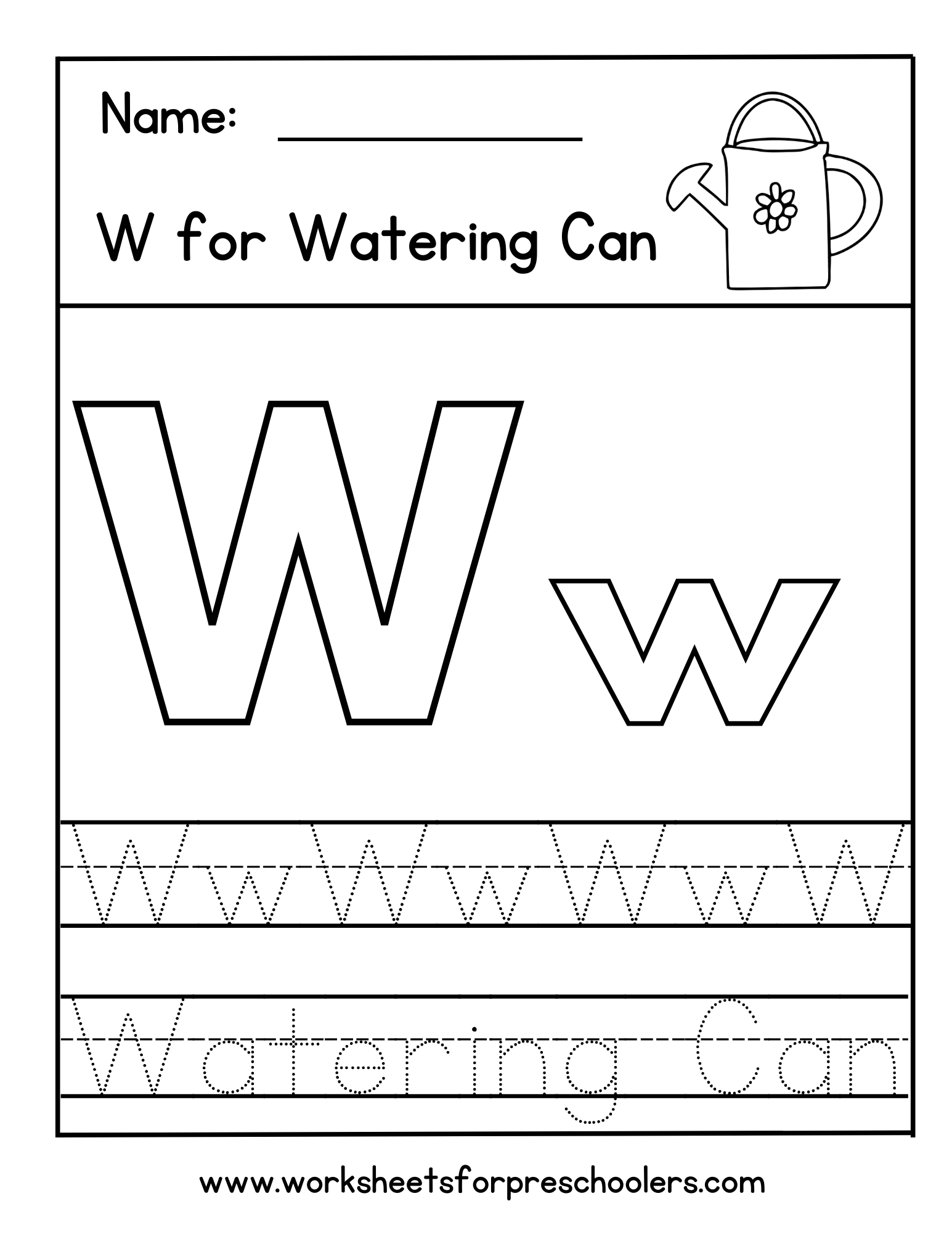 W for Watering Can Letter Worksheet
