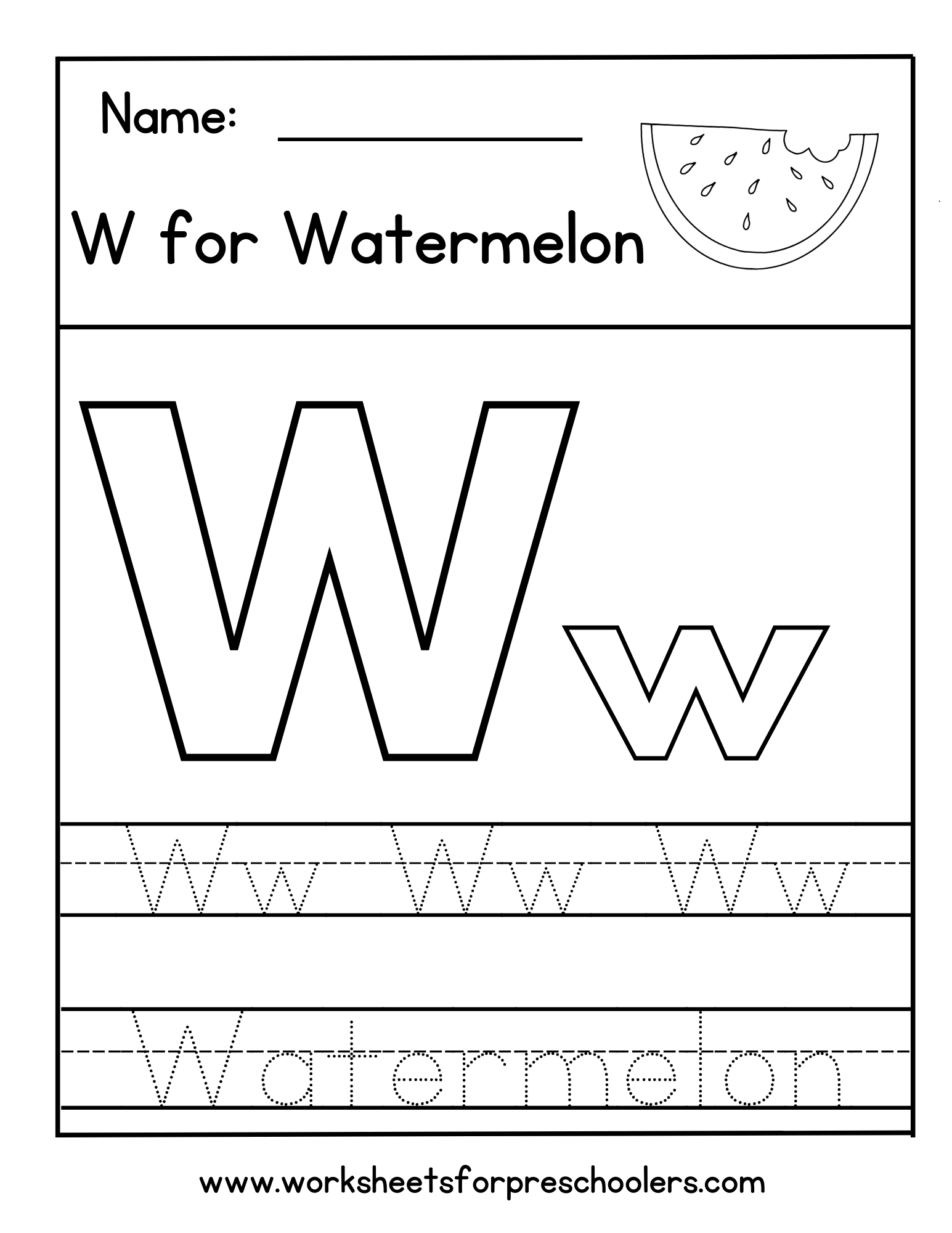 W for Watermelon Letter Tracing Worksheet
