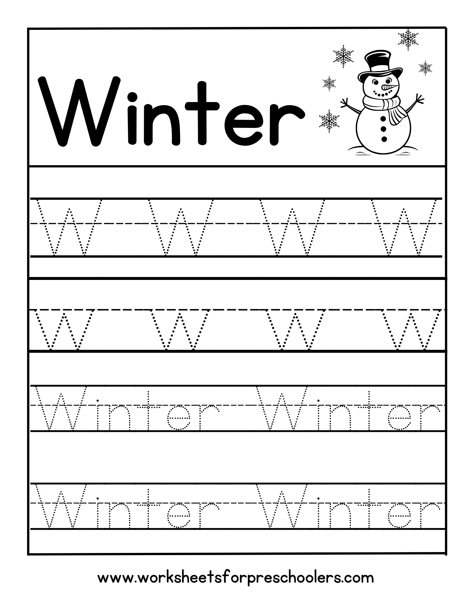 Letter W for Winter Tracing Worksheet