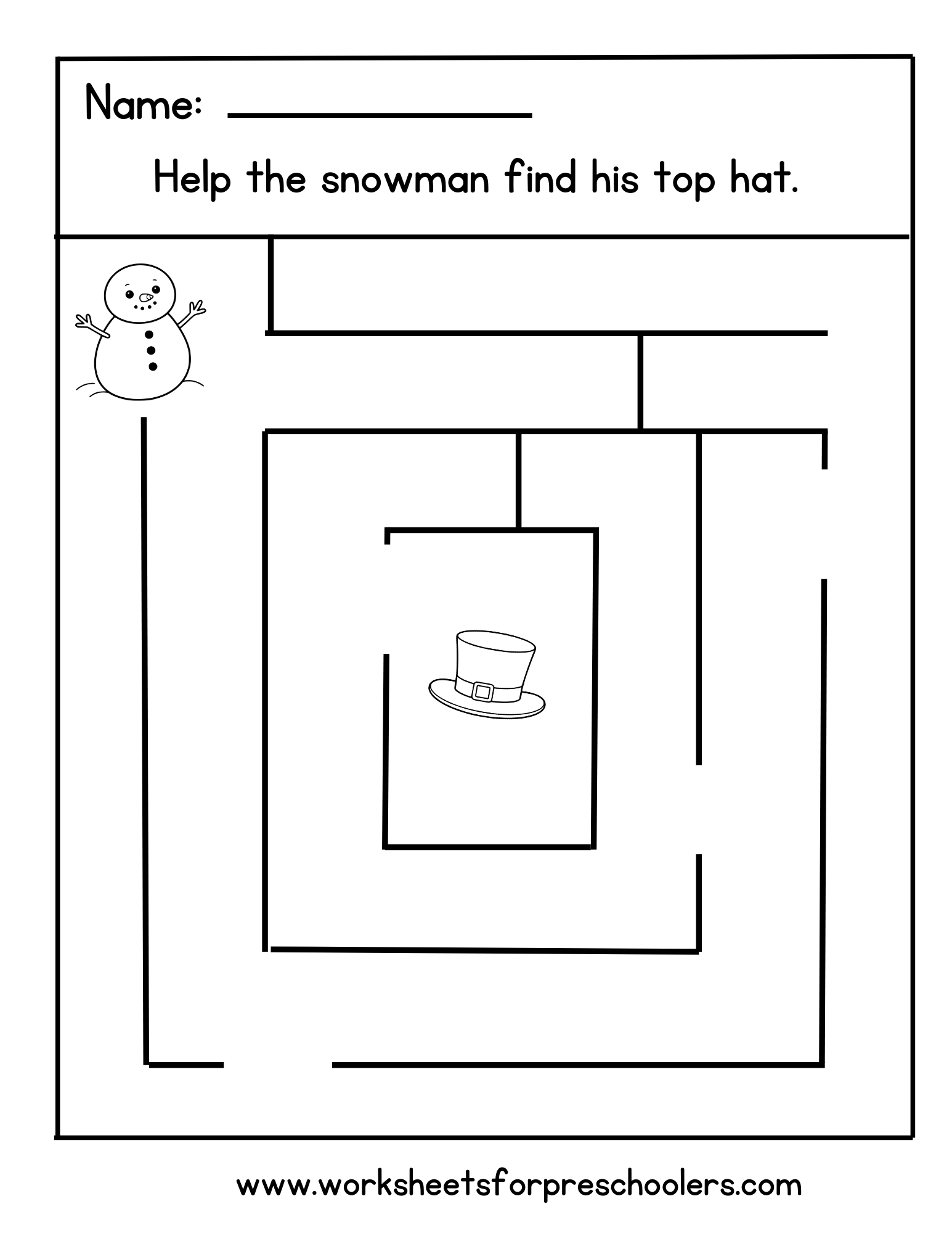 Snowman and Hat  Maze Worksheet