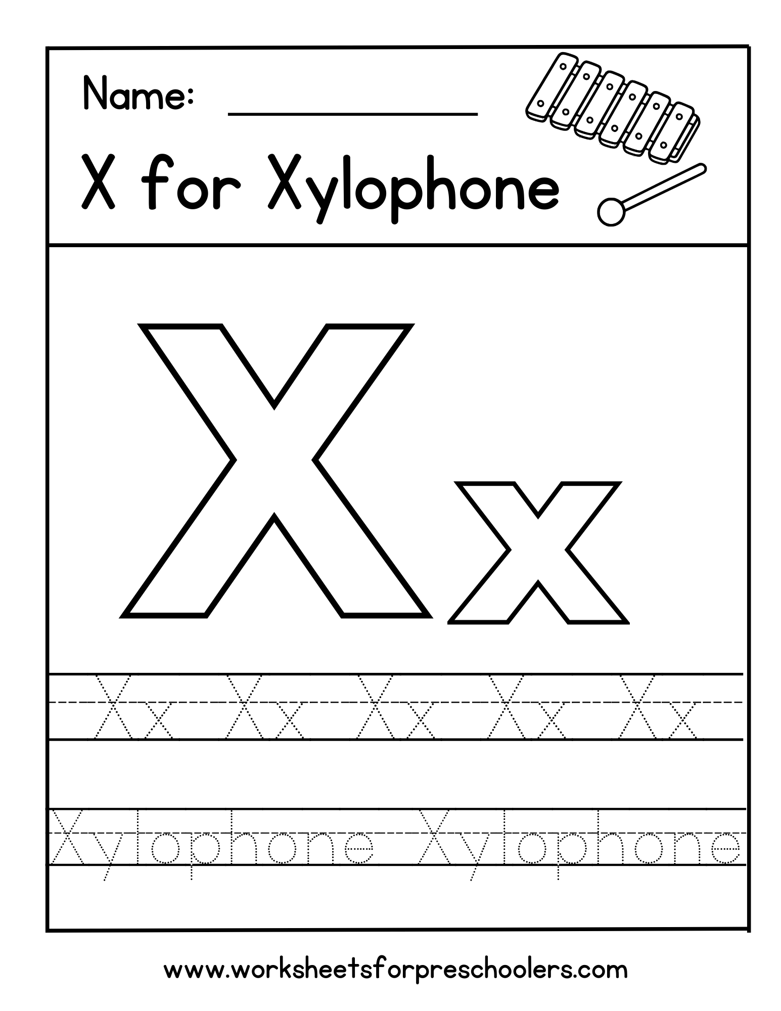 X for Xylophone Tracing Worksheet