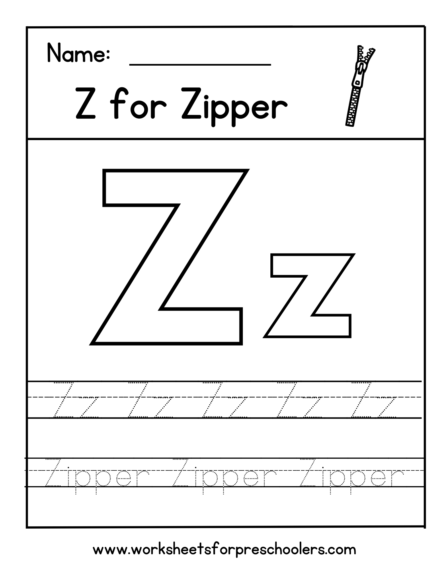 Z for Zipper Letter Tracing Worksheet