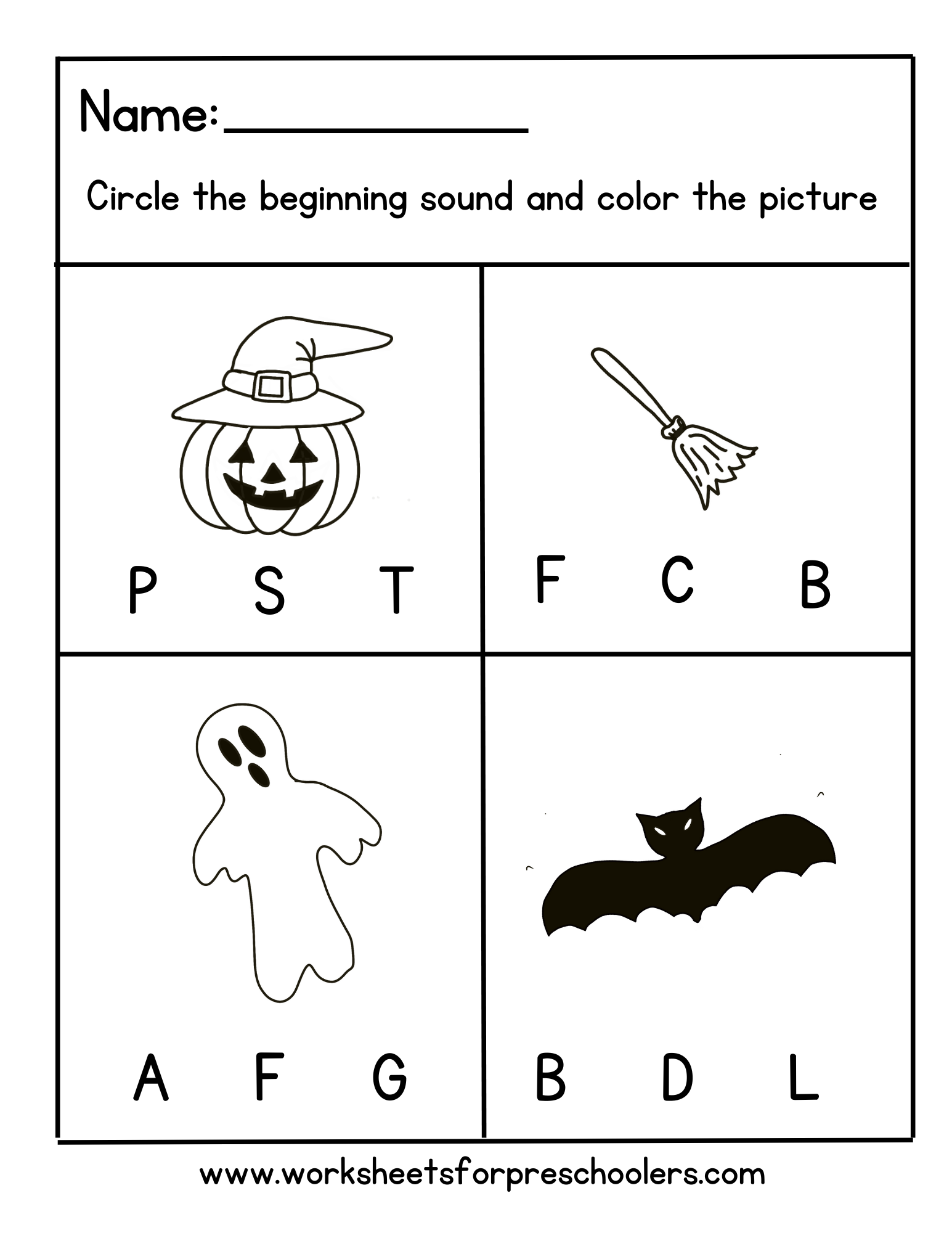 Halloween Theme Beginning Sound Worksheet Preschool